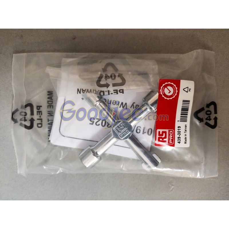 439-3019  RS PRO 十字电柜钥匙 十字扳手 六角至 14 in 方形螺丝刀 压铸锌镀亮铬